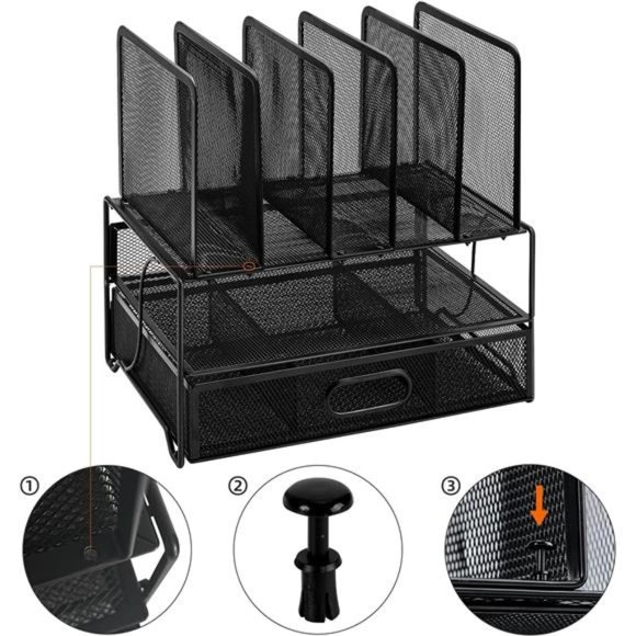 Mesh Desk Organizer with Sliding Drawer, Double Tray, Black - Picture 3 of 7